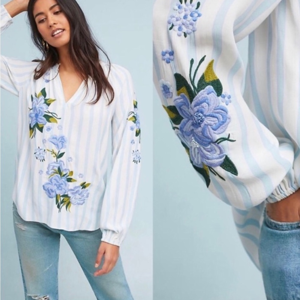 Anthropologie Akemi + Kin Blue and White Striped Embroidered Blouse - Medium
